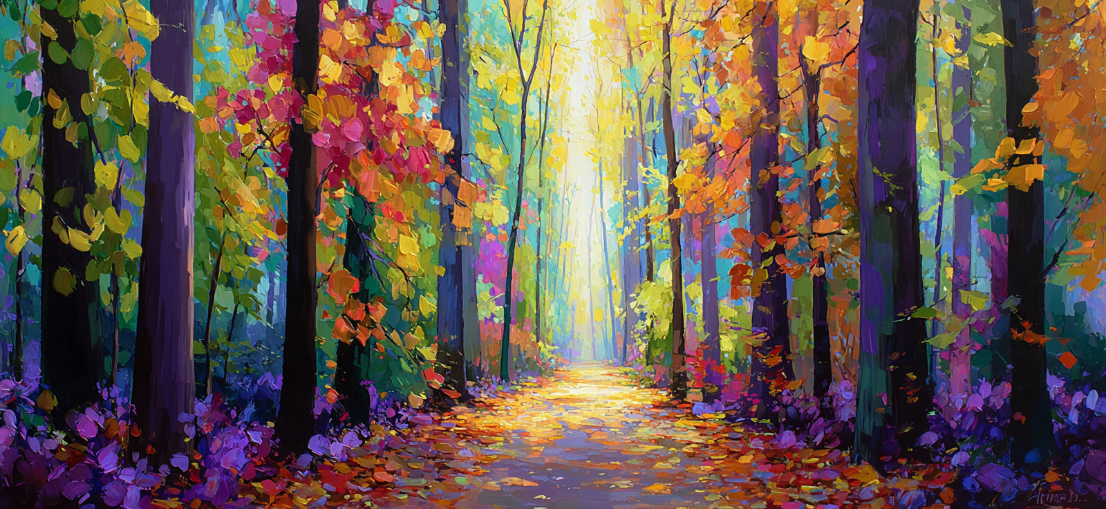 Herbstlicher Waldweg Mit Bunten Blättern | Gruen Rosa Orange Lila | Farbenwelten