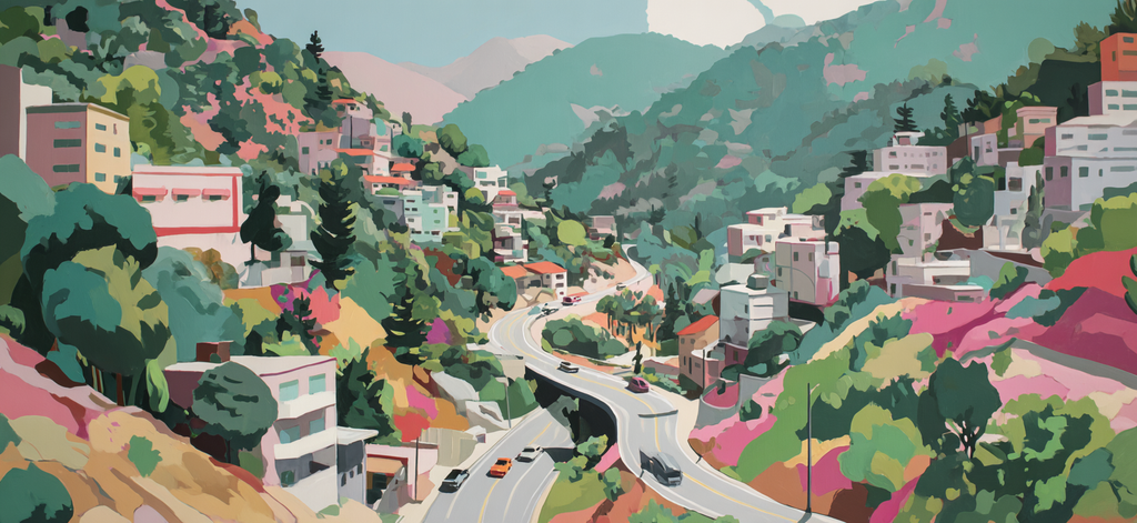 Hügelige Landschaft Mit Bunten Häusern Bäumen Und Windenden Strassen | Gruen Rosa Orange Lila | Farbenwelten