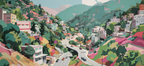Hügelige Landschaft Mit Bunten Häusern Bäumen Und Windenden Strassen | Gruen Rosa Orange Lila | Farbenwelten