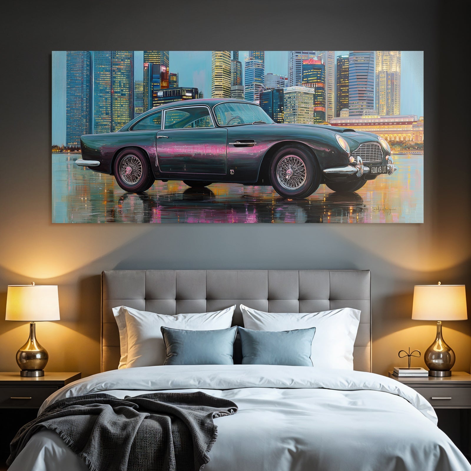 Klassisches Auto Aston Martin Moderne Stadt Skyline Reflektierende Oberfläche