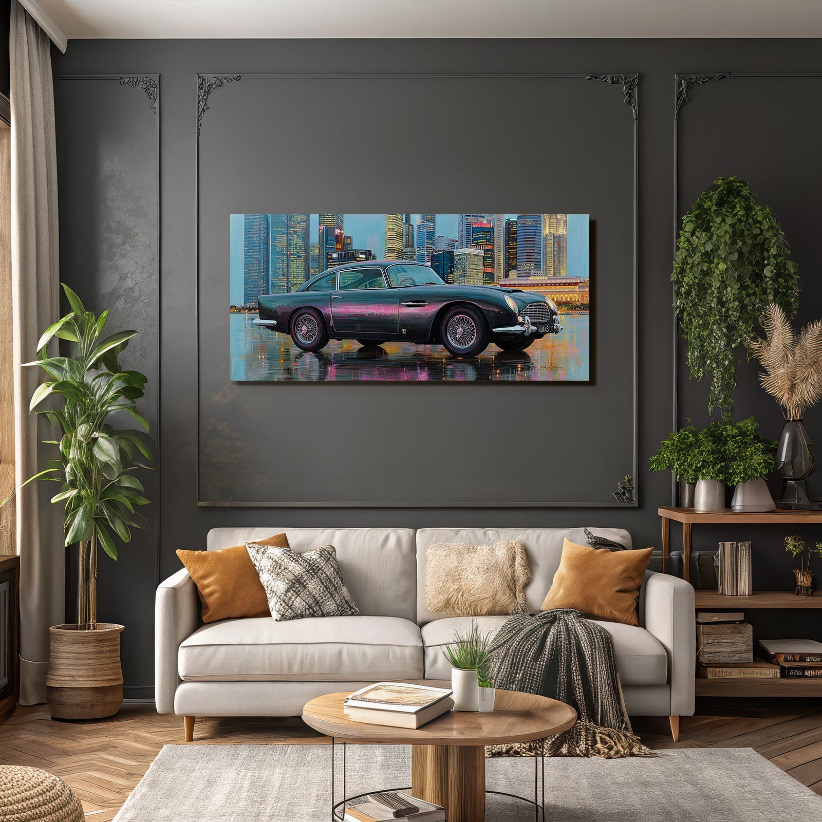 Klassisches Auto Aston Martin Moderne Stadt Skyline Reflektierende Oberfläche