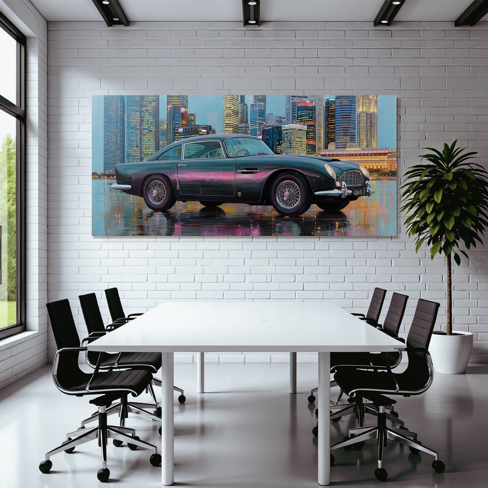 Klassisches Auto Aston Martin Moderne Stadt Skyline Reflektierende Oberfläche