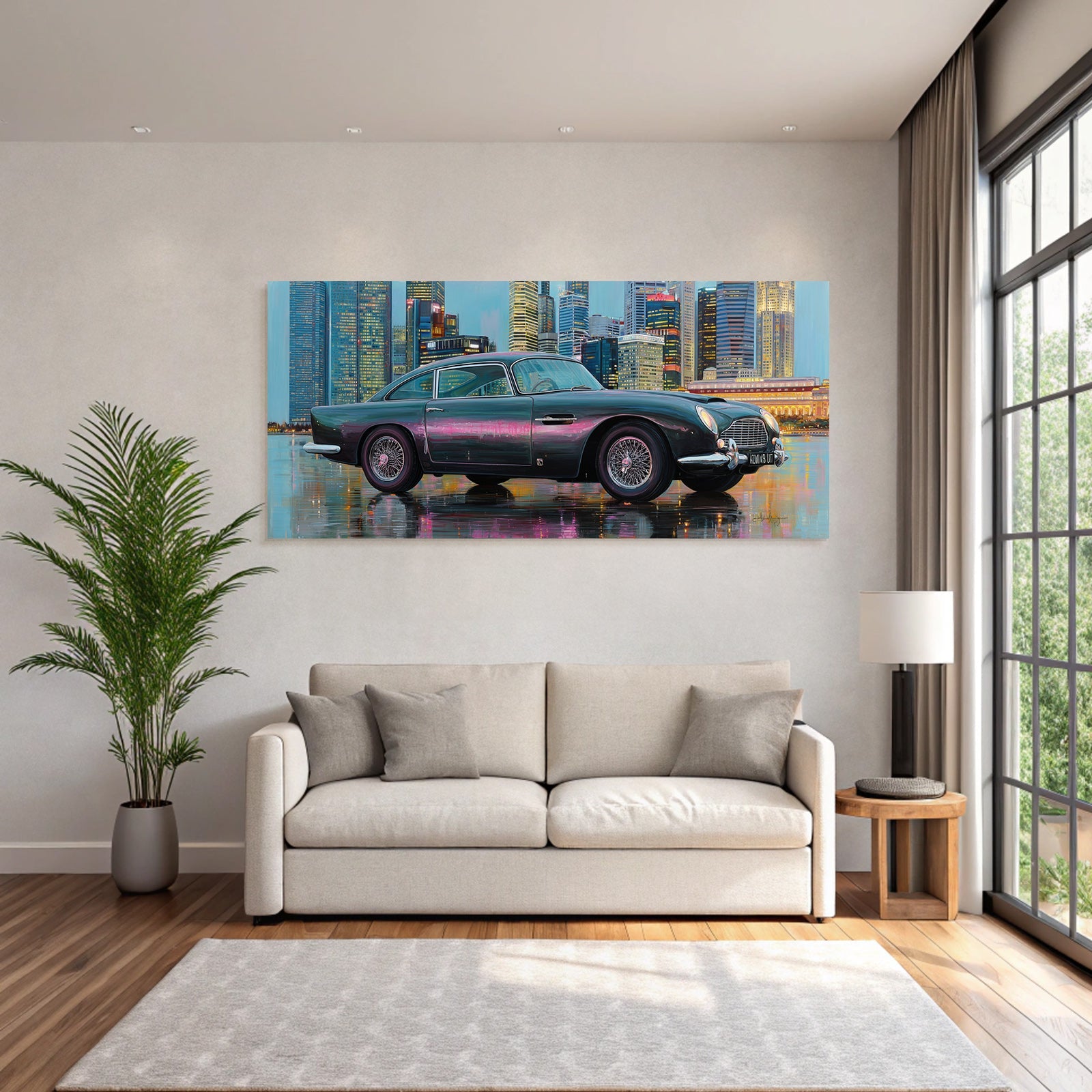 Klassisches Auto Aston Martin Moderne Stadt Skyline Reflektierende Oberfläche