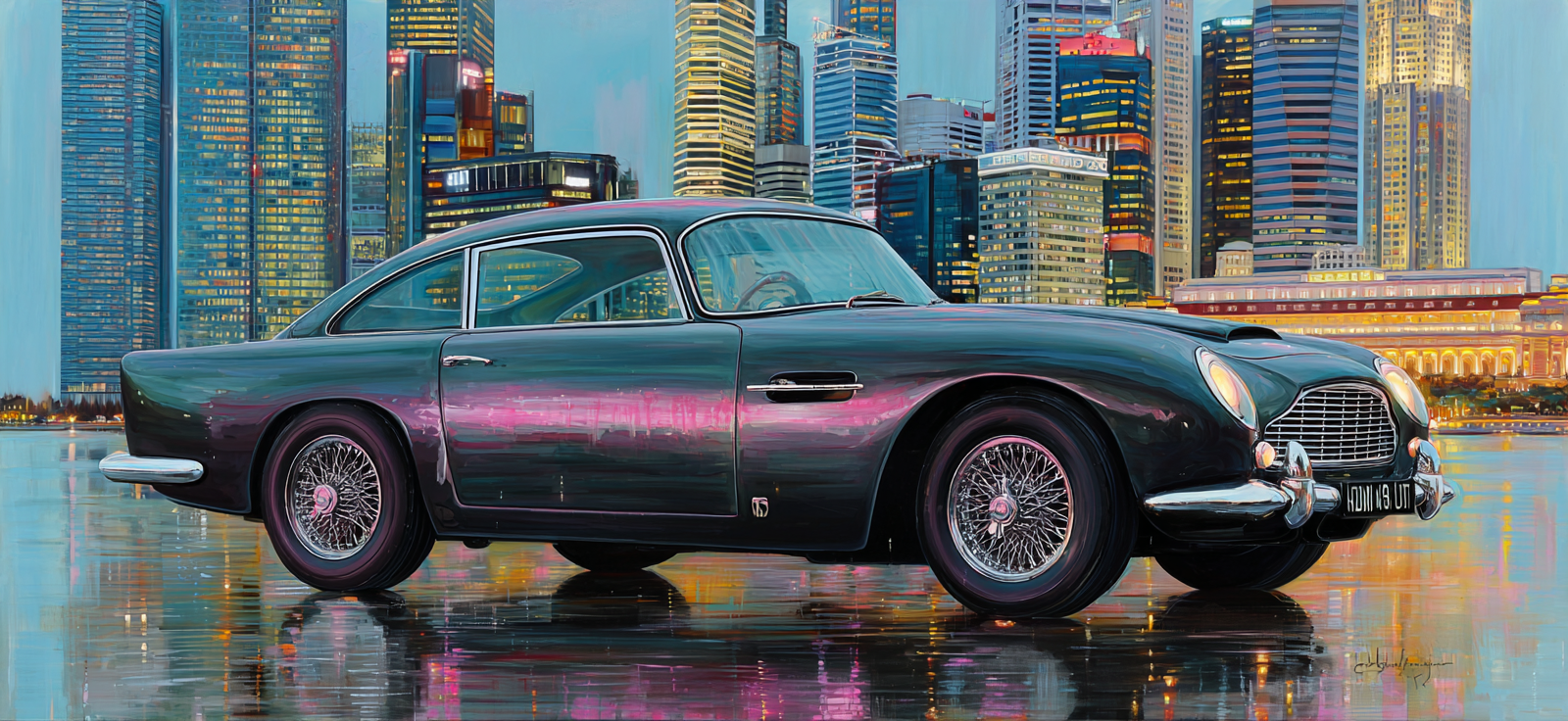 Klassisches Auto Aston Martin Moderne Stadt Skyline Reflektierende Oberfläche | Gruen Rosa Orange Lila | Farbenwelten