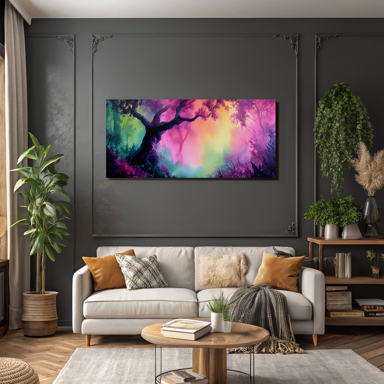 Lebensfrohes Waldgemälde Mit Verzerrtem Baum Und Surrealem Hintergrund