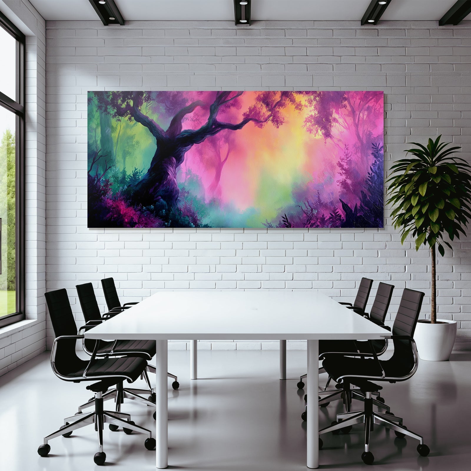 Lebensfrohes Waldgemälde Mit Verzerrtem Baum Und Surrealem Hintergrund