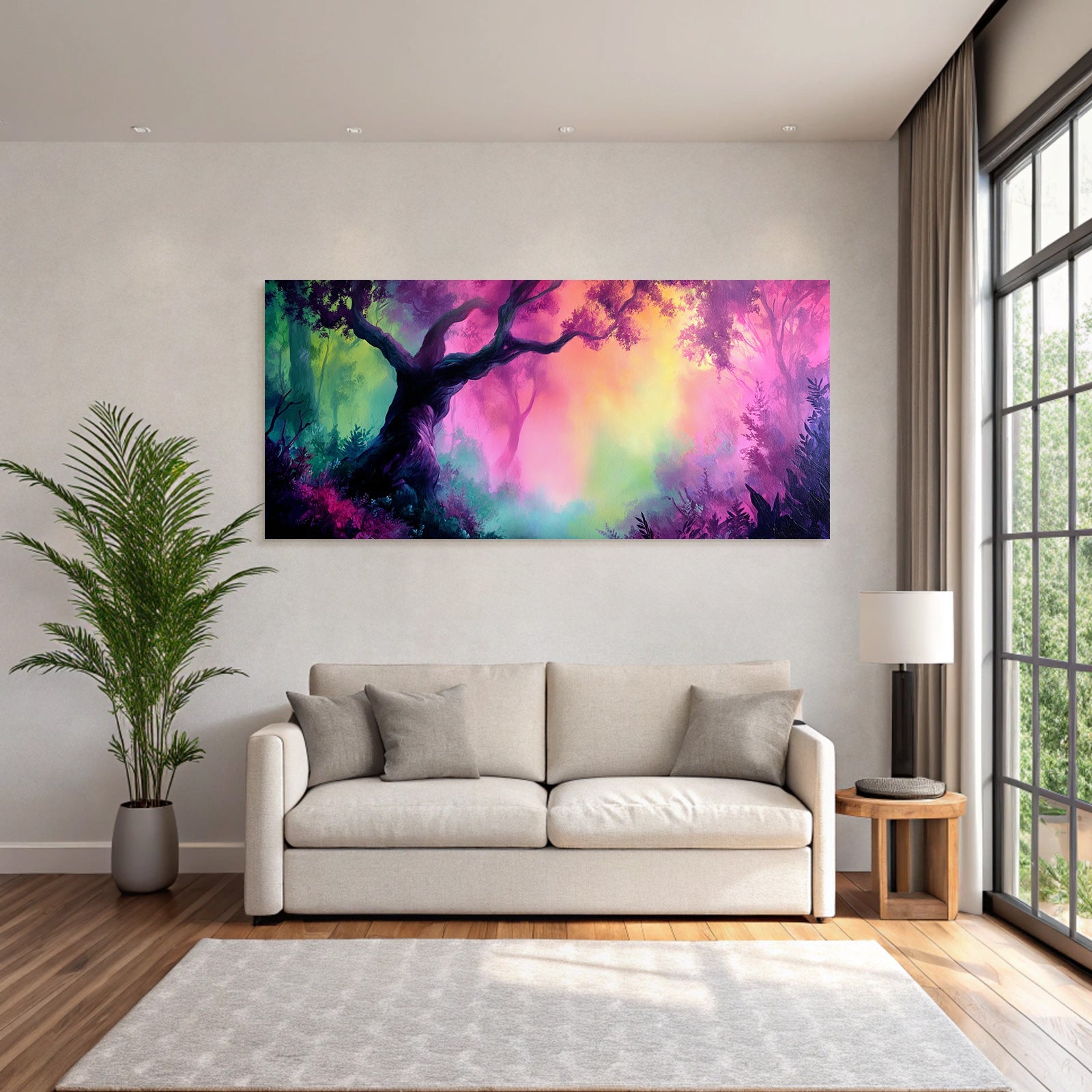 Lebensfrohes Waldgemälde Mit Verzerrtem Baum Und Surrealem Hintergrund