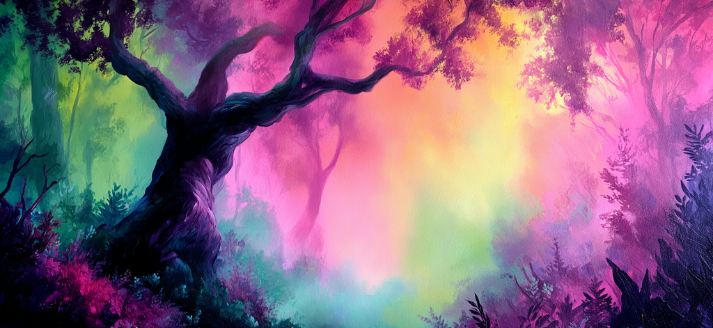 Lebensfrohes Waldgemälde Mit Verzerrtem Baum Und Surrealem Hintergrund | Gruen Rosa Orange Lila | Farbenwelten