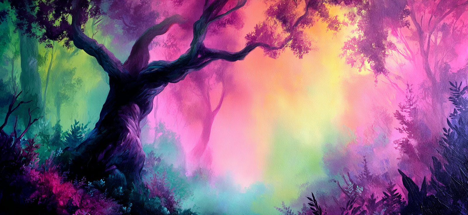 Lebensfrohes Waldgemälde Mit Verzerrtem Baum Und Surrealem Hintergrund | Gruen Rosa Orange Lila | Farbenwelten