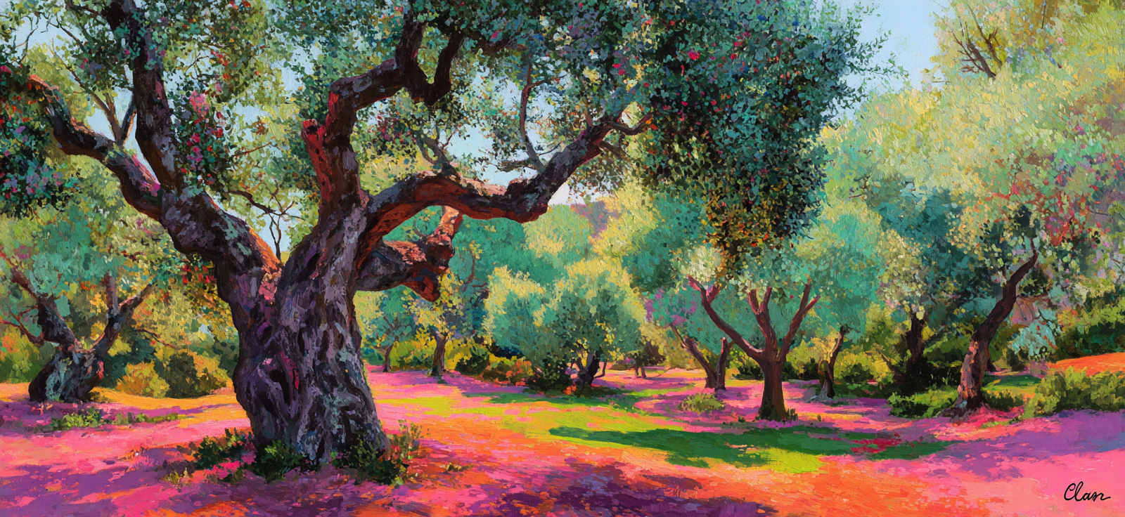 Olivenhain Impressionistisch Bunte Farben Sonniger Tag | Gruen Rosa Orange Lila | Farbenwelten