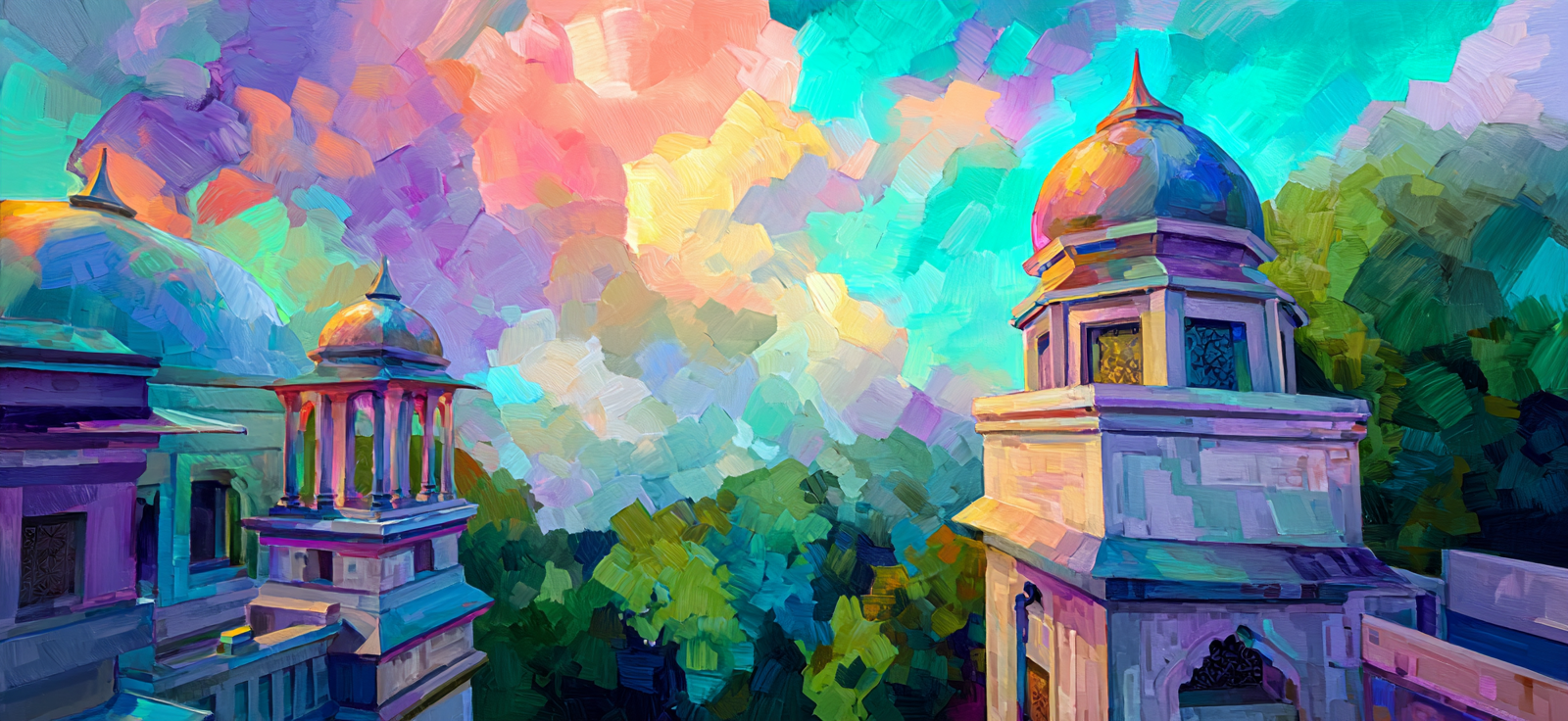 Ornate Bauten Mit Domen Colorful Himmel Und Grünery | Gruen Rosa Orange Lila | Farbenwelten