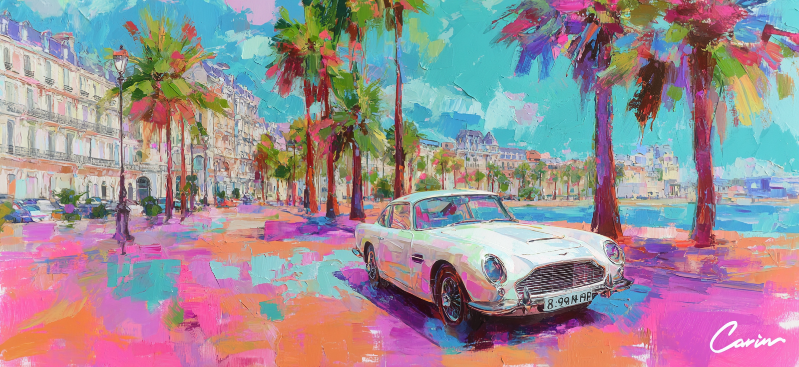 Palmbäume Bunte Strasse Klassisches Auto Impressionistisch Seaside Ort | Gruen Rosa Orange Lila | Farbenwelten