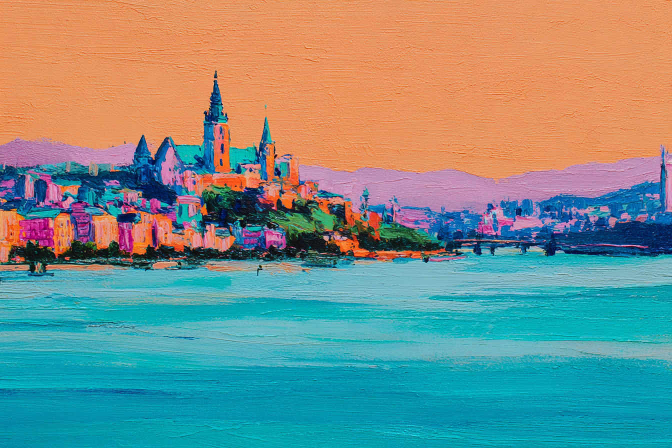 Riverside Stadtansicht Vibrante Farben Impressionistisch | Gruen Rosa Orange Lila | Farbenwelten