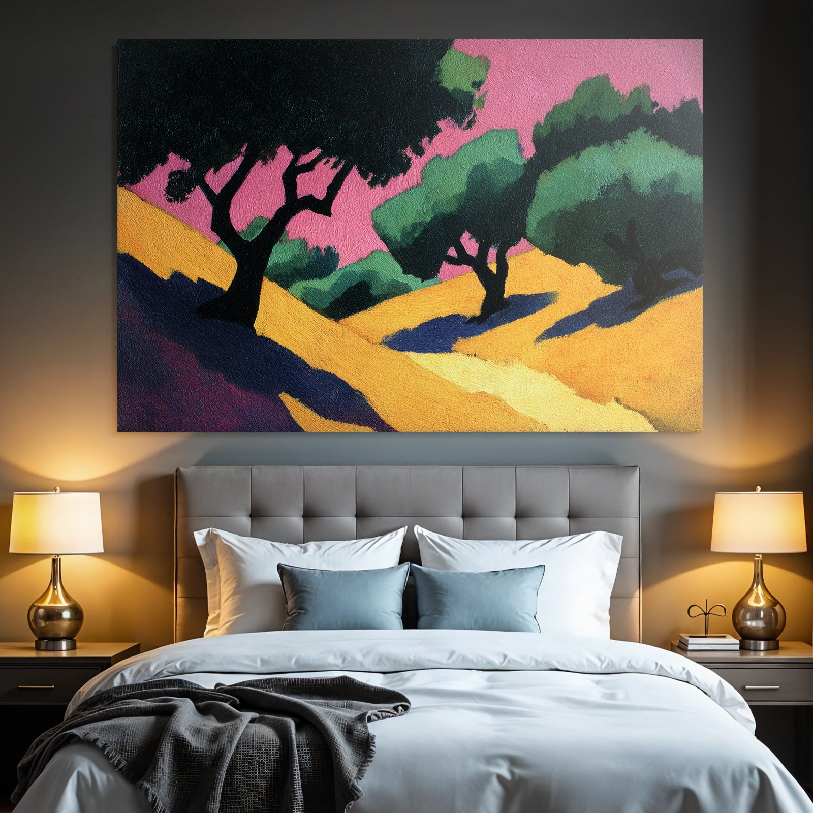 Stylisierte Landschaft Bäume Weg Grün Blau Gelb Rosa Himmel