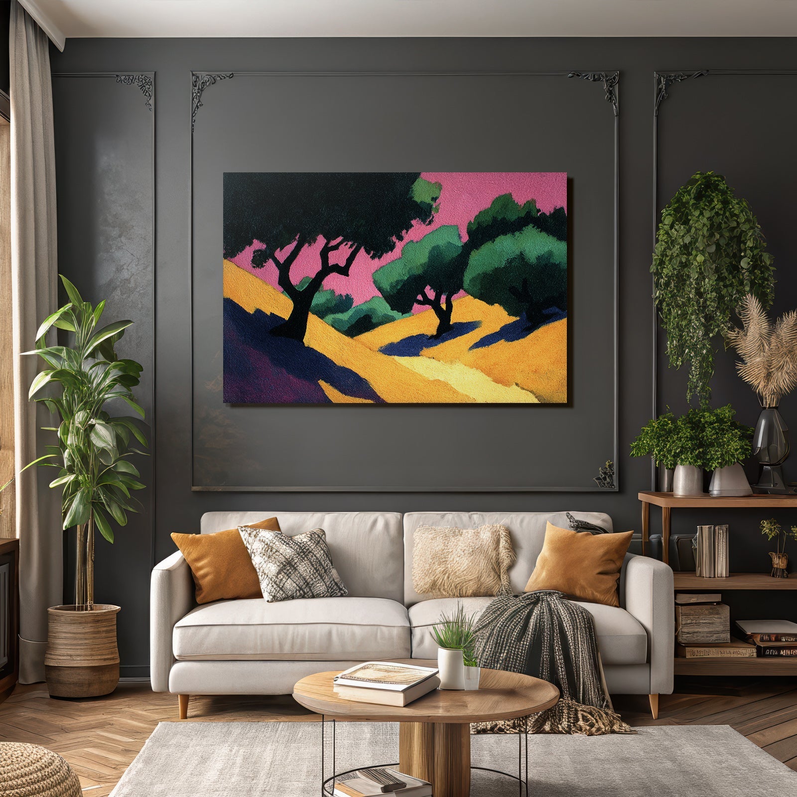 Stylisierte Landschaft Bäume Weg Grün Blau Gelb Rosa Himmel