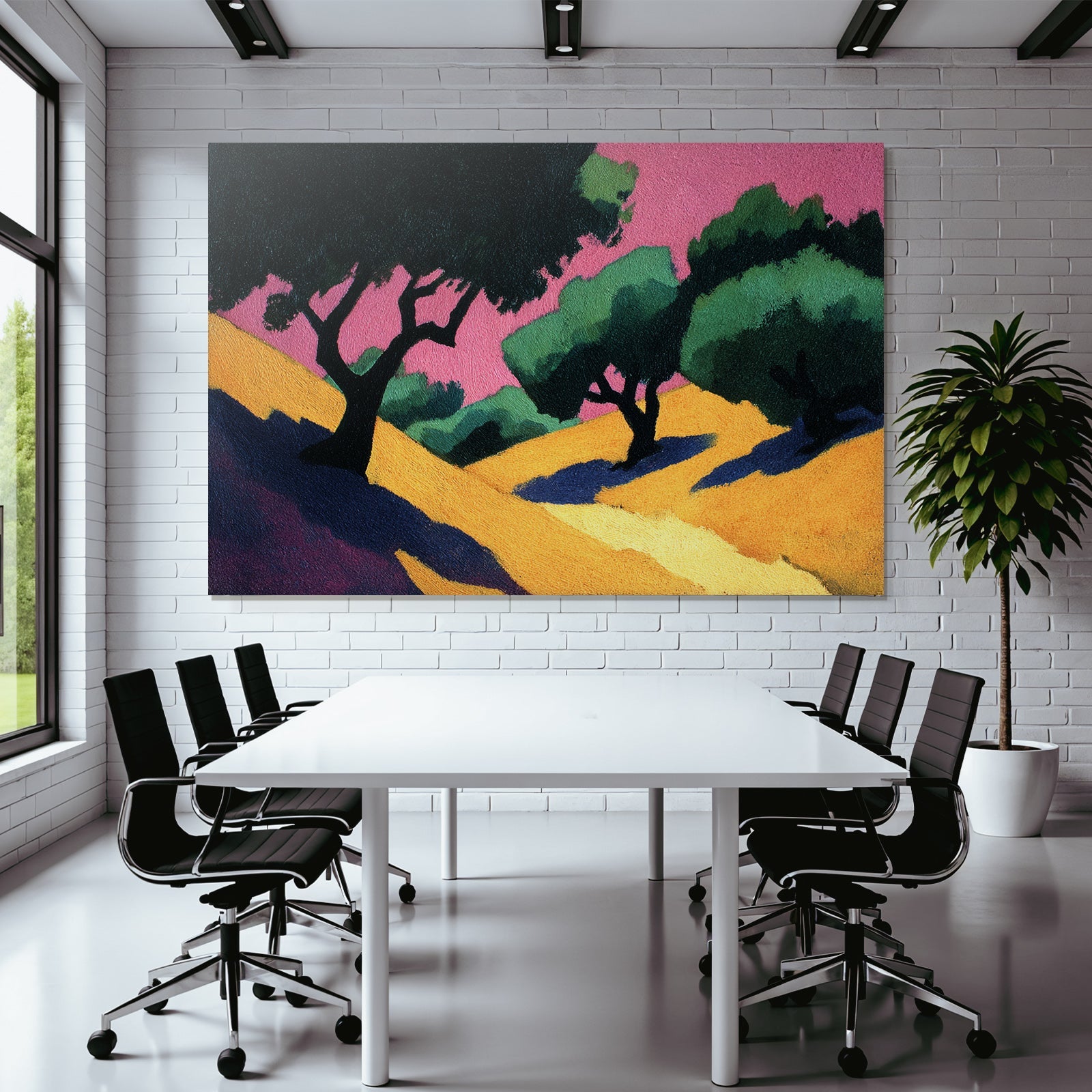 Stylisierte Landschaft Bäume Weg Grün Blau Gelb Rosa Himmel