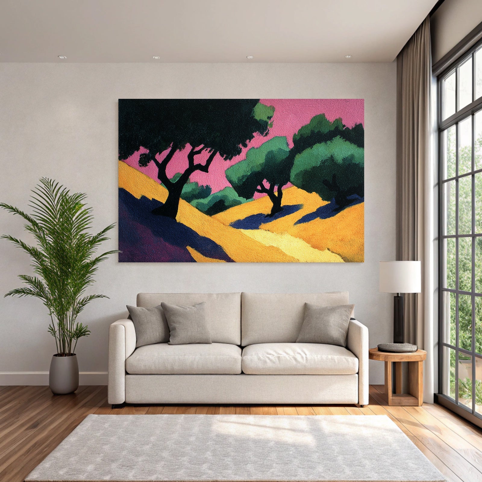 Stylisierte Landschaft Bäume Weg Grün Blau Gelb Rosa Himmel