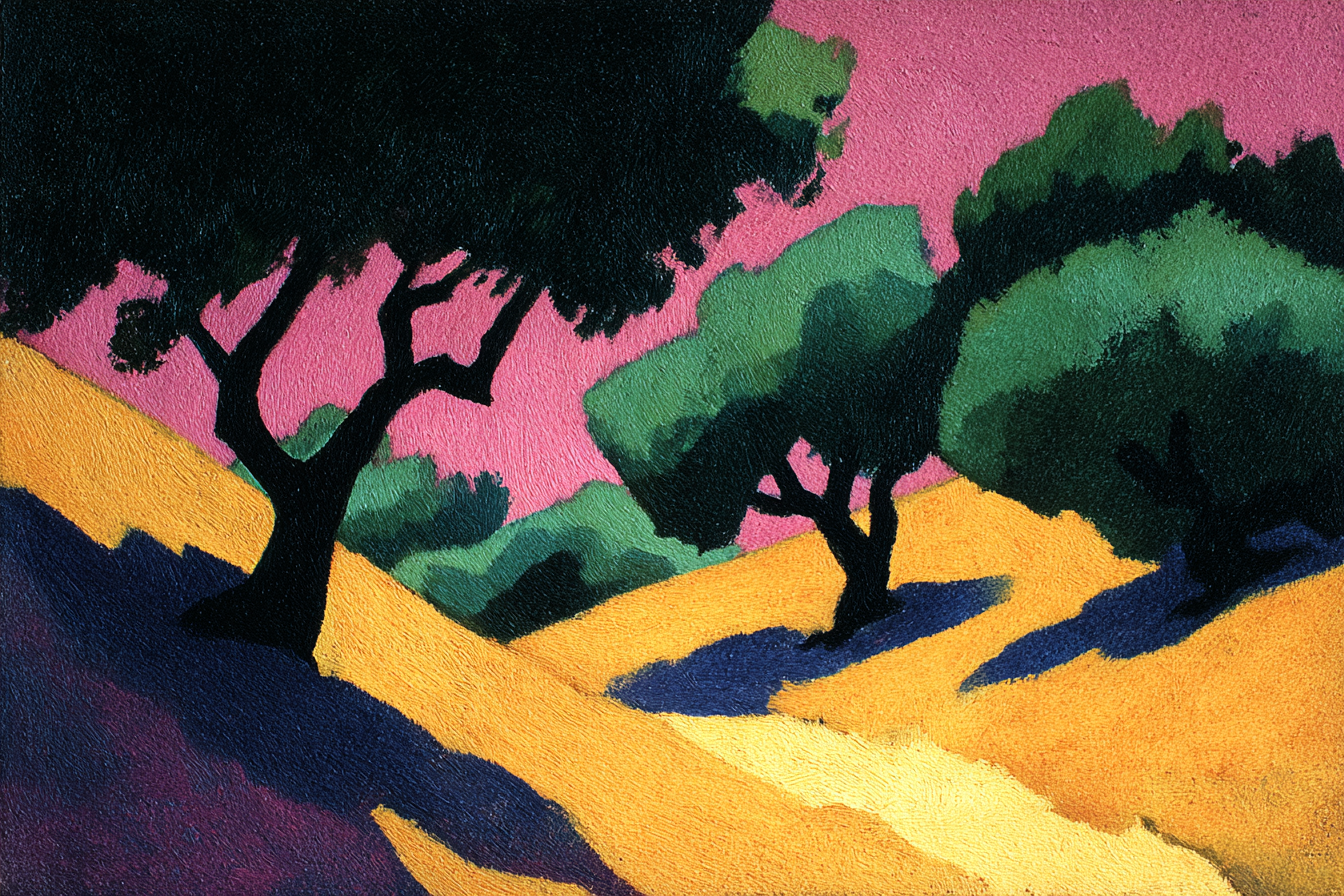Stylisierte Landschaft Bäume Weg Grün Blau Gelb Rosa Himmel | Gruen Rosa Orange Lila | Farbenwelten