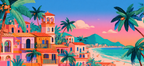 Tropische Küstenlandschaft Villengebiet Mit Palmen Und Strand | Gruen Rosa Orange Lila | Farbenwelten