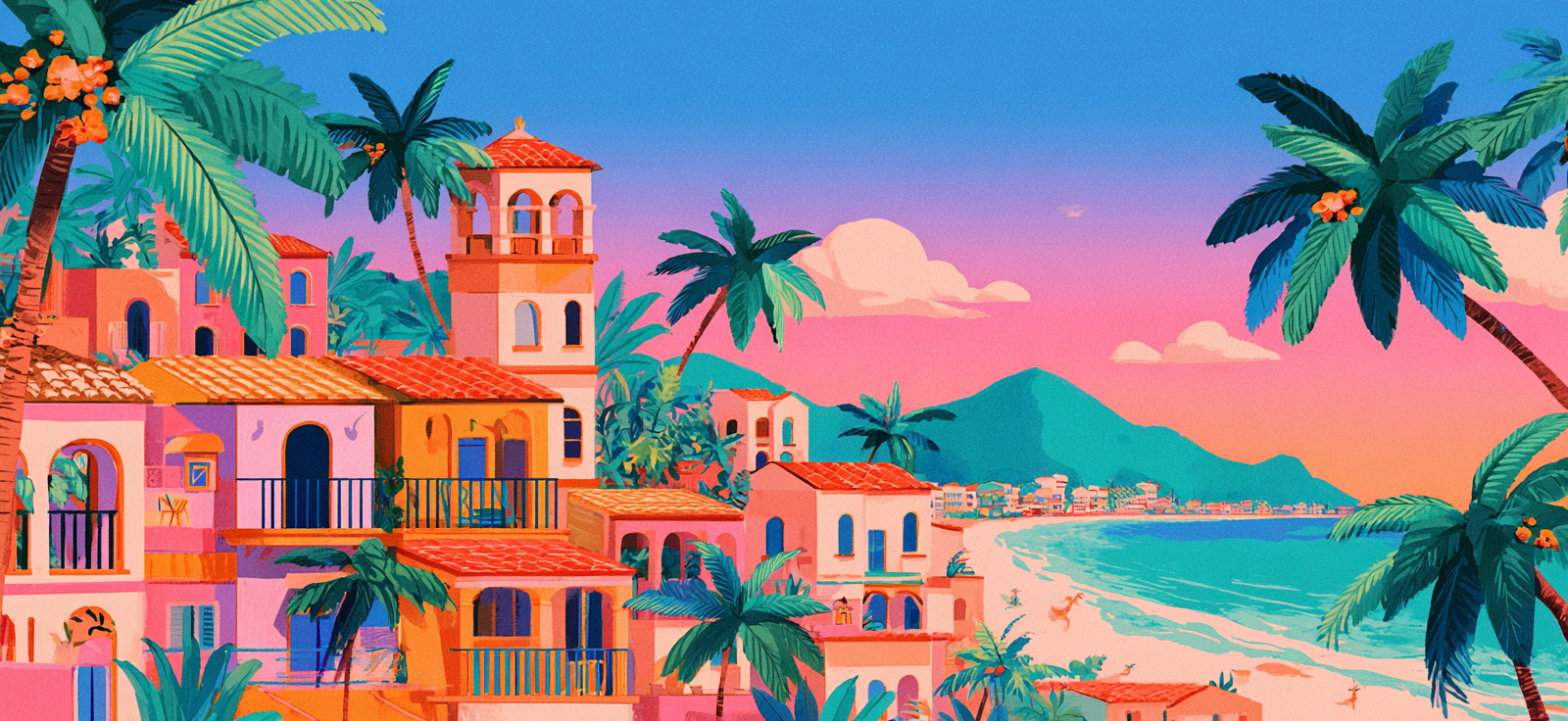 Tropische Küstenlandschaft Villengebiet Mit Palmen Und Strand | Gruen Rosa Orange Lila | Farbenwelten