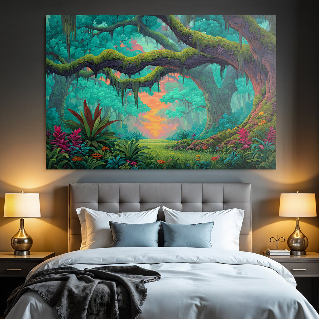 Vibrant Lush Forest Digital Illustration Tranquility Nature