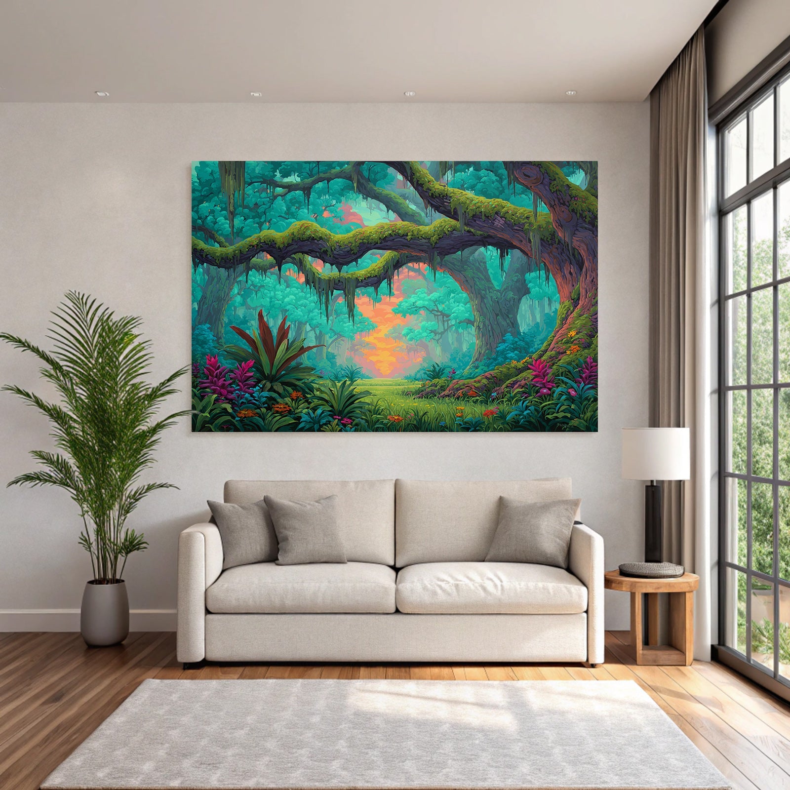Vibrant Lush Forest Digital Illustration Tranquility Nature