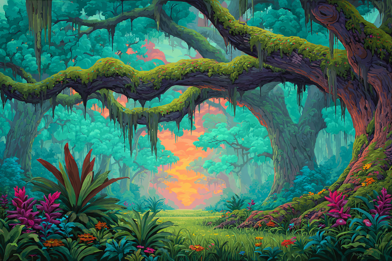 Vibrant Lush Forest Digital Illustration Tranquility Nature | Gruen Rosa Orange Lila | Farbenwelten