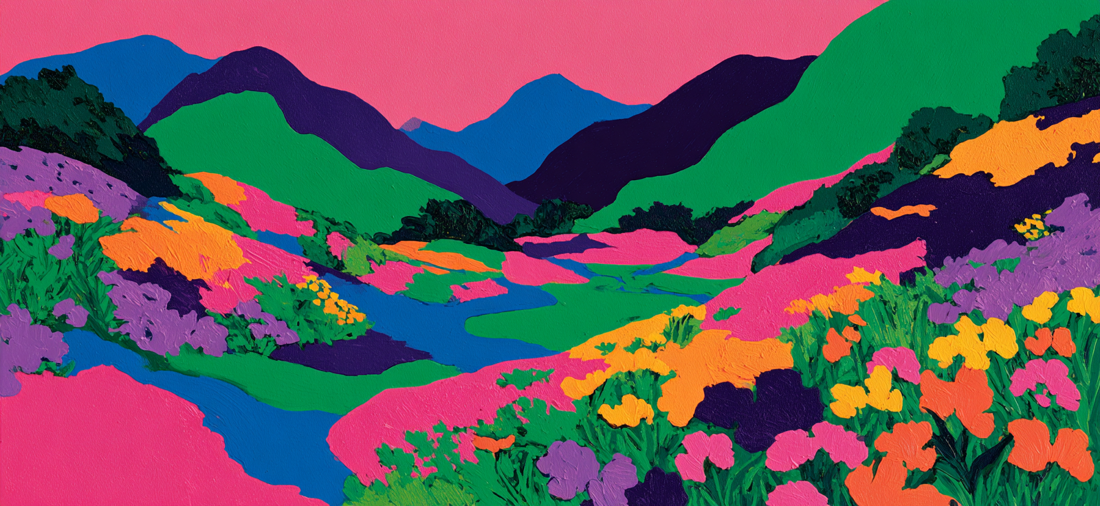 Vibrante Abstrakte Landschaft Mit Blumen | Gruen Rosa Orange Lila | Farbenwelten