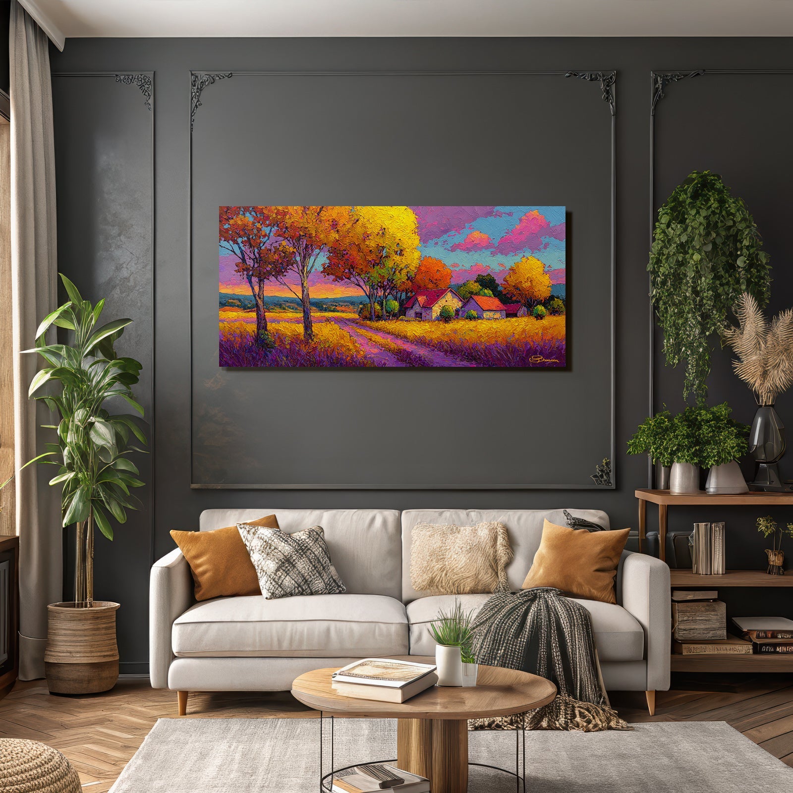 Vibrante Farbe Landlandschaft Impressionismus Herbst Himmel Häuser