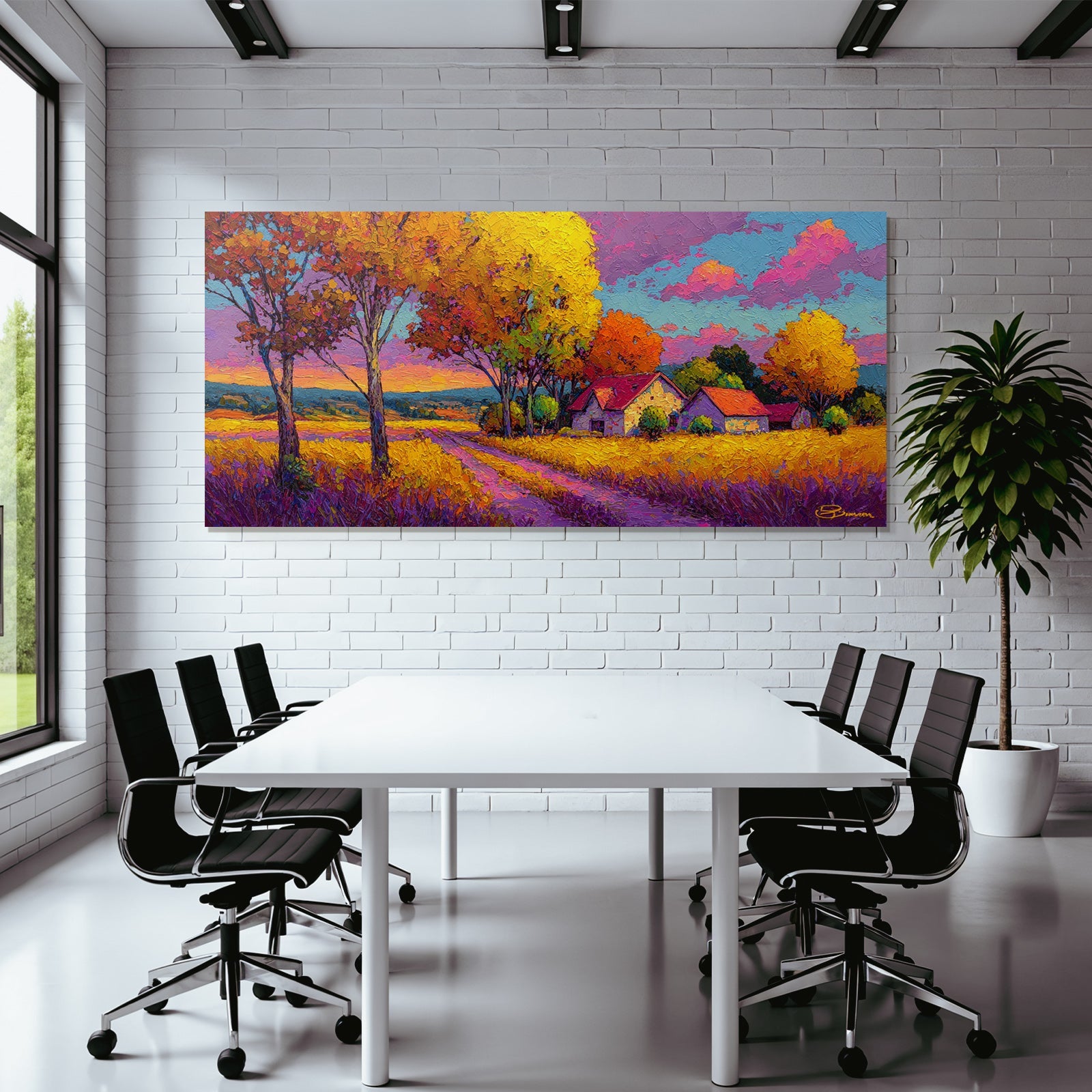 Vibrante Farbe Landlandschaft Impressionismus Herbst Himmel Häuser
