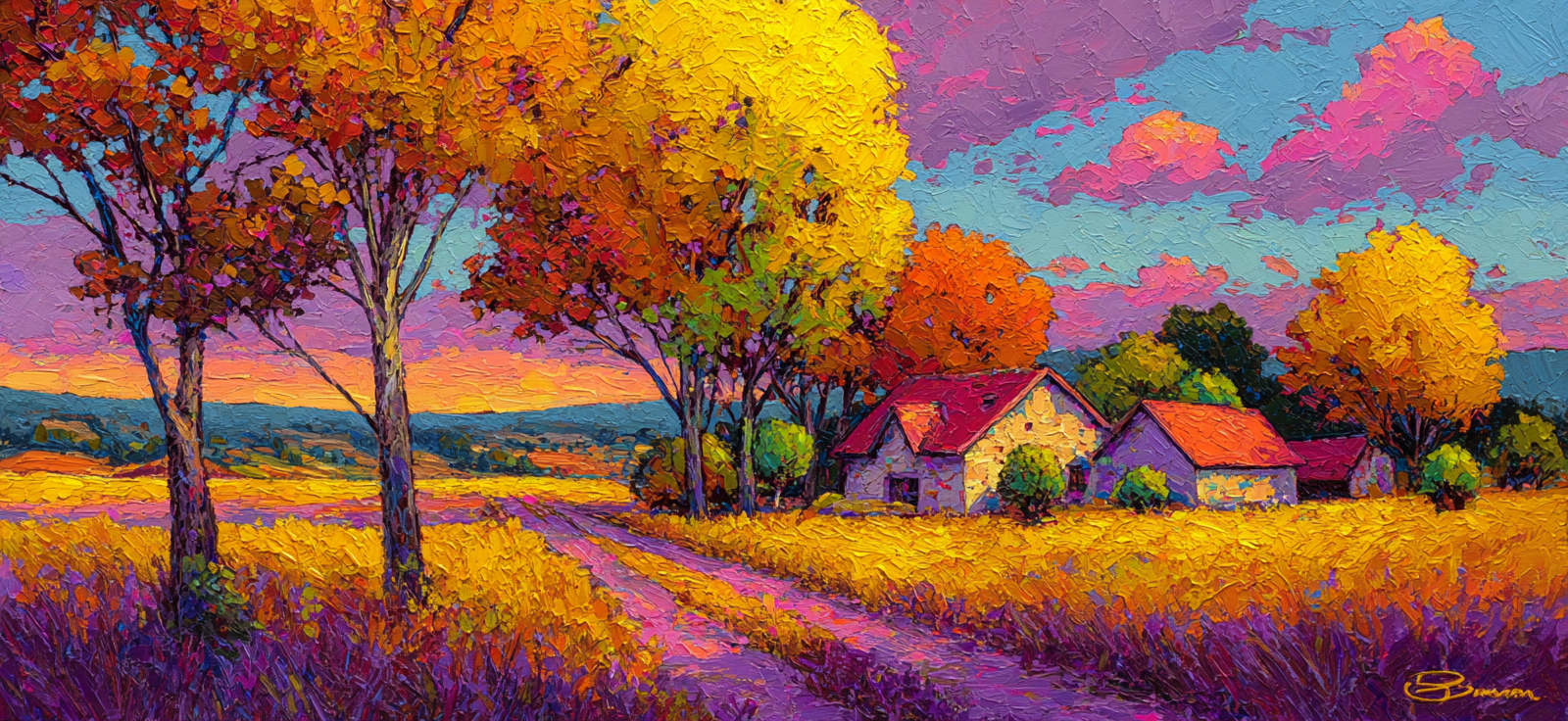 Vibrante Farbe Landlandschaft Impressionismus Herbst Himmel Häuser | Gruen Rosa Orange Lila | Farbenwelten
