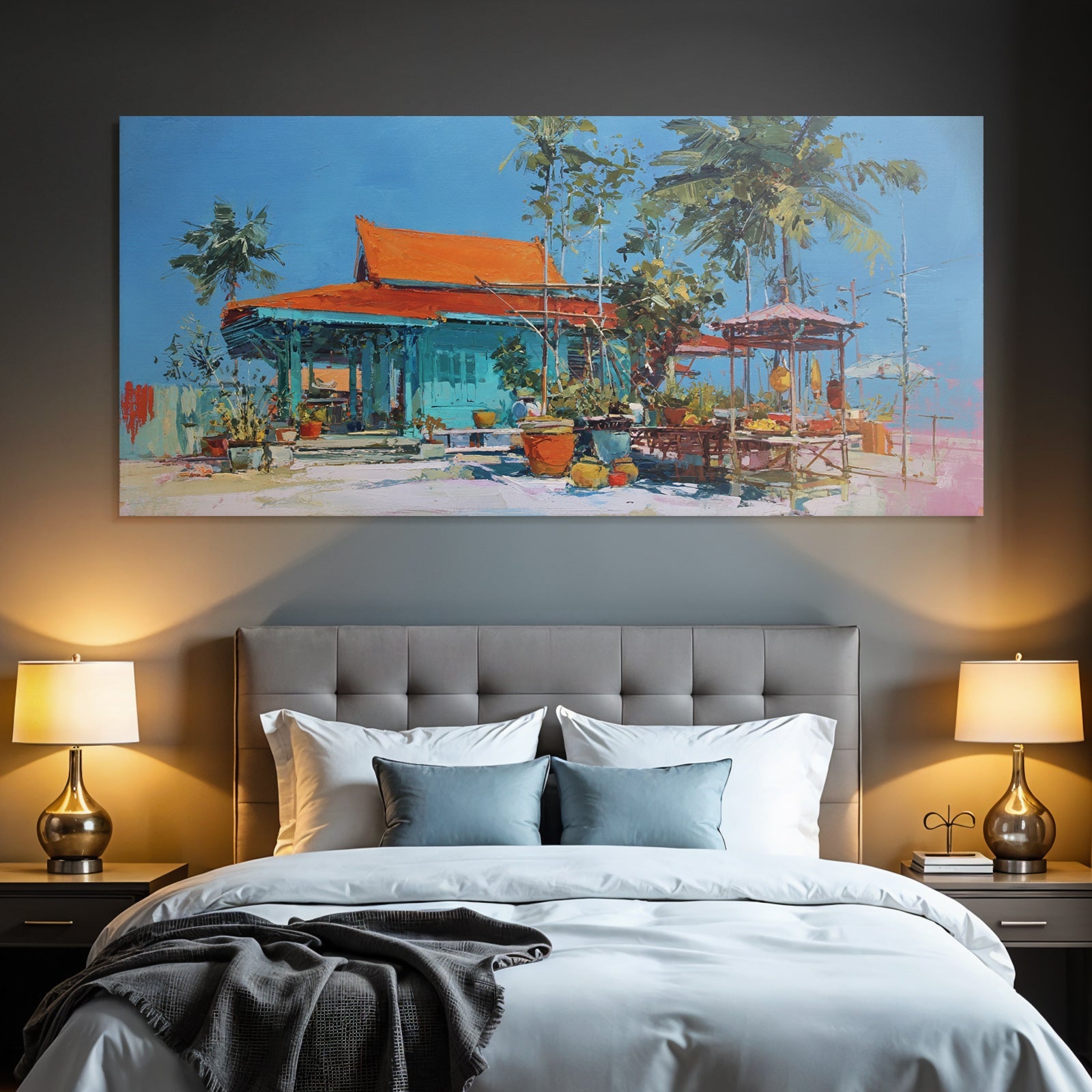 Vibrante Meeresszene Mit Traditionellem Haus Orange Blau Palmbäume Marktstruktur