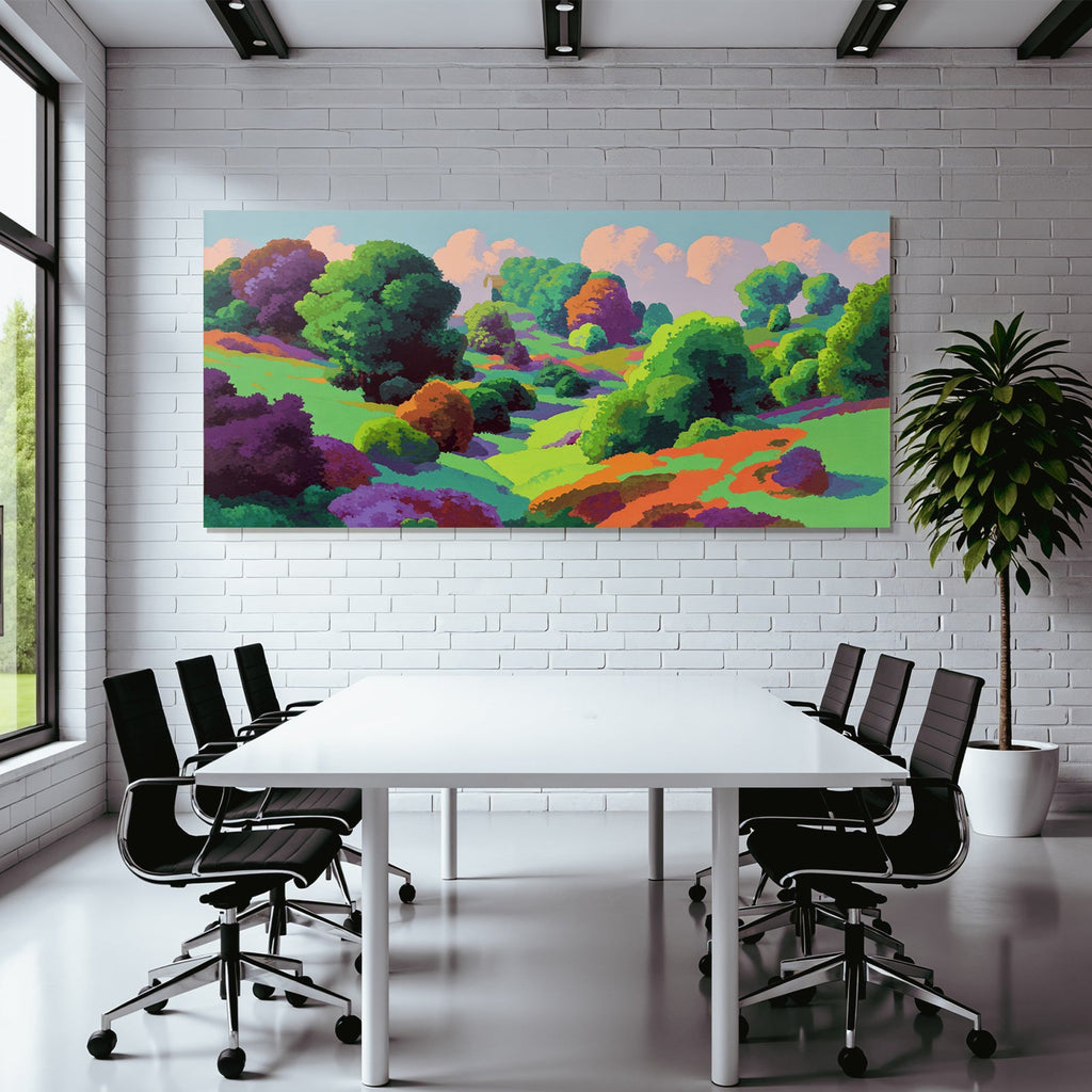 Vibrante Stilisierte Landlandschaft Mit Hügeln Und Folien In Brighten Farbe
