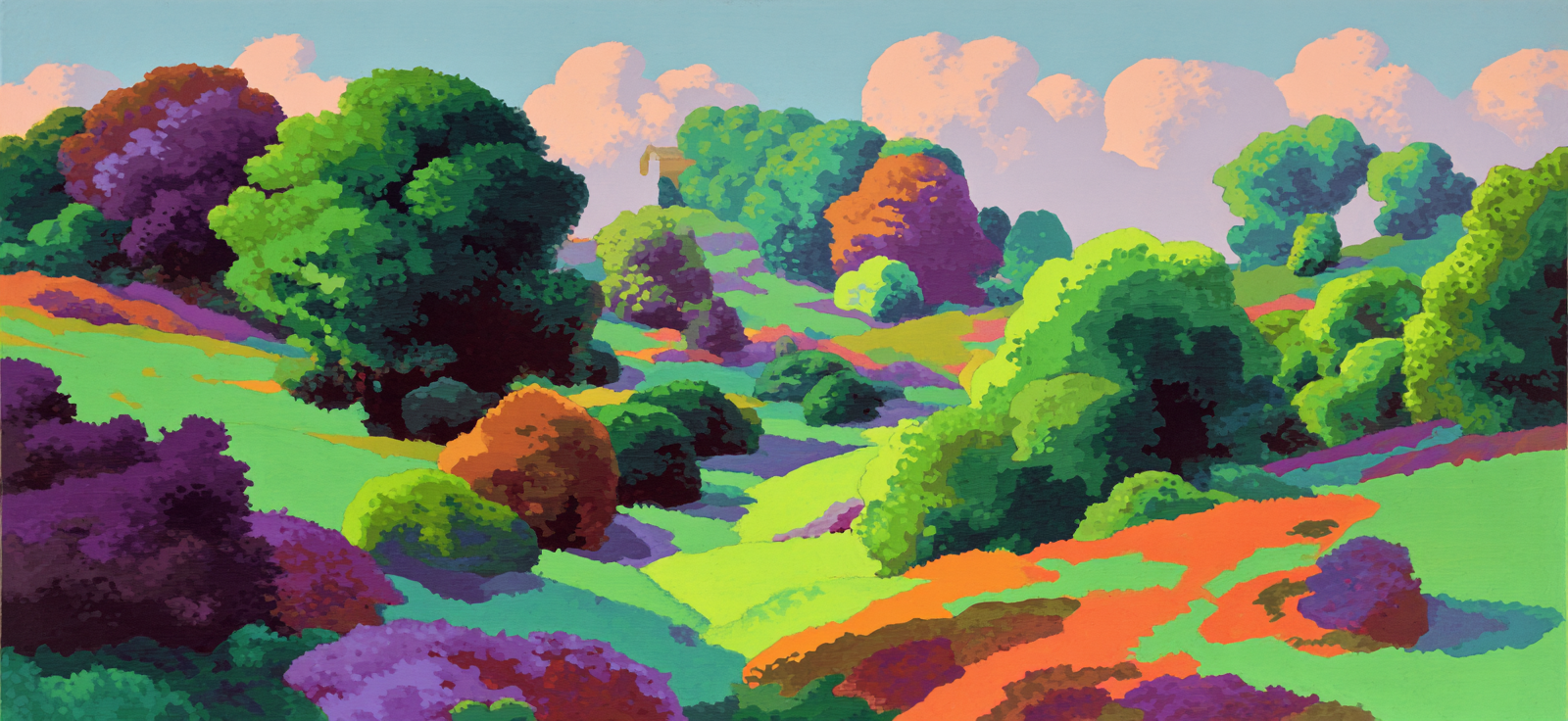 Vibrante Stilisierte Landlandschaft Mit Hügeln Und Folien In Brighten Farbe | Gruen Rosa Orange Lila | Farbenwelten