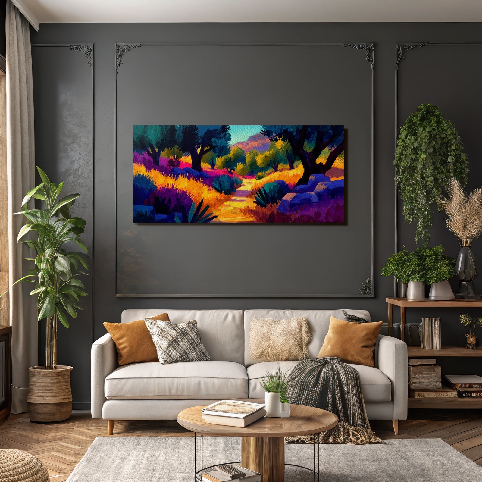 Vibrante Stilisierte Landschaft Mit Pfad In Fruhlingsfarben