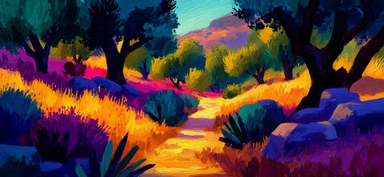 Vibrante Stilisierte Landschaft Mit Pfad In Fruhlingsfarben | Gruen Rosa Orange Lila | Farbenwelten