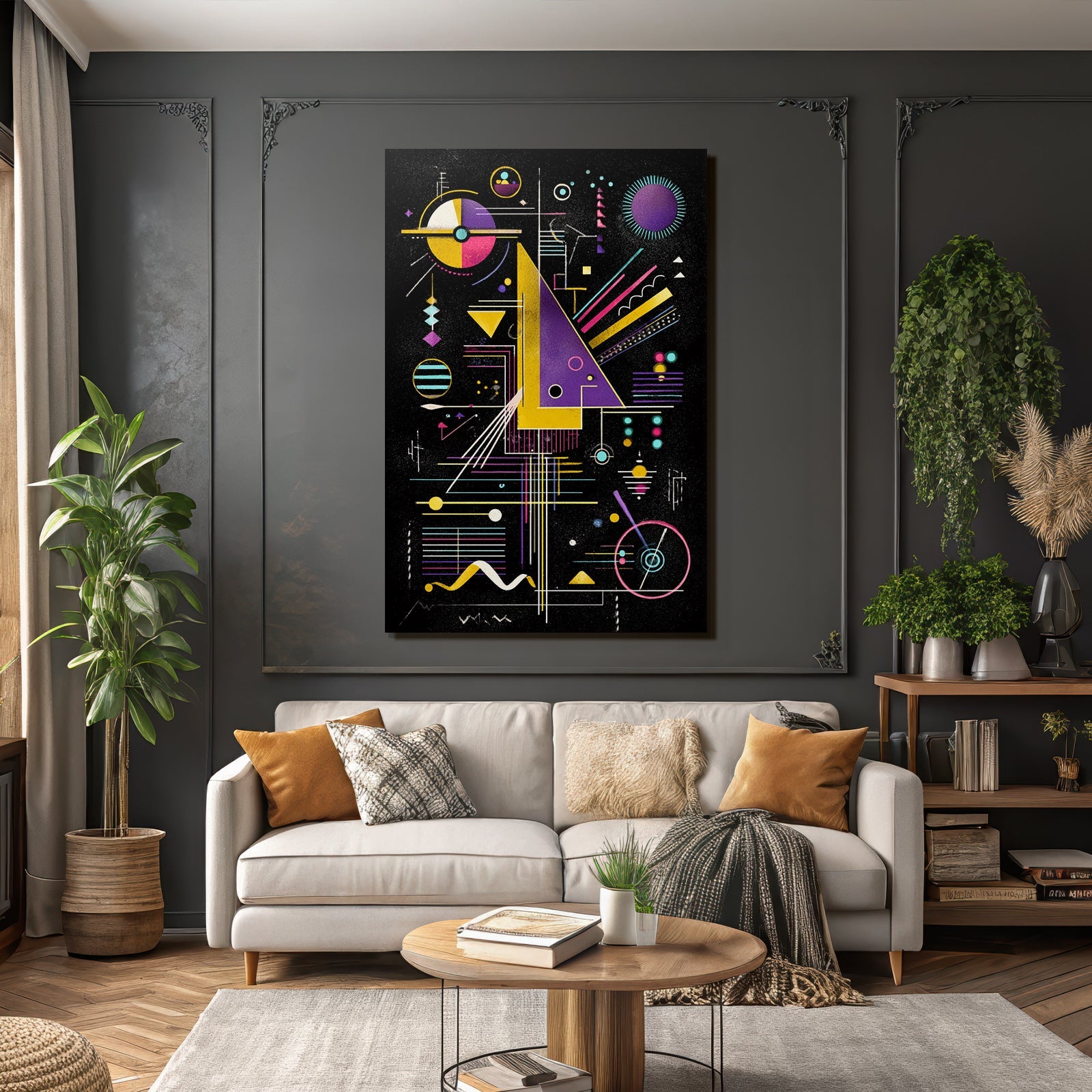 Neon Und Popfarben Abstrakte Geometrische Kunst Mit Vibranten Farben Auf Dunklem Hintergrund
