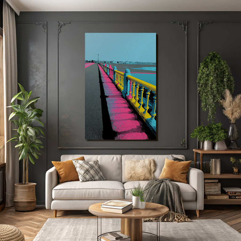 Neon Und Popfarben Beach Promenade Bunte Balken Künstlerische Darstellung Coastal Town