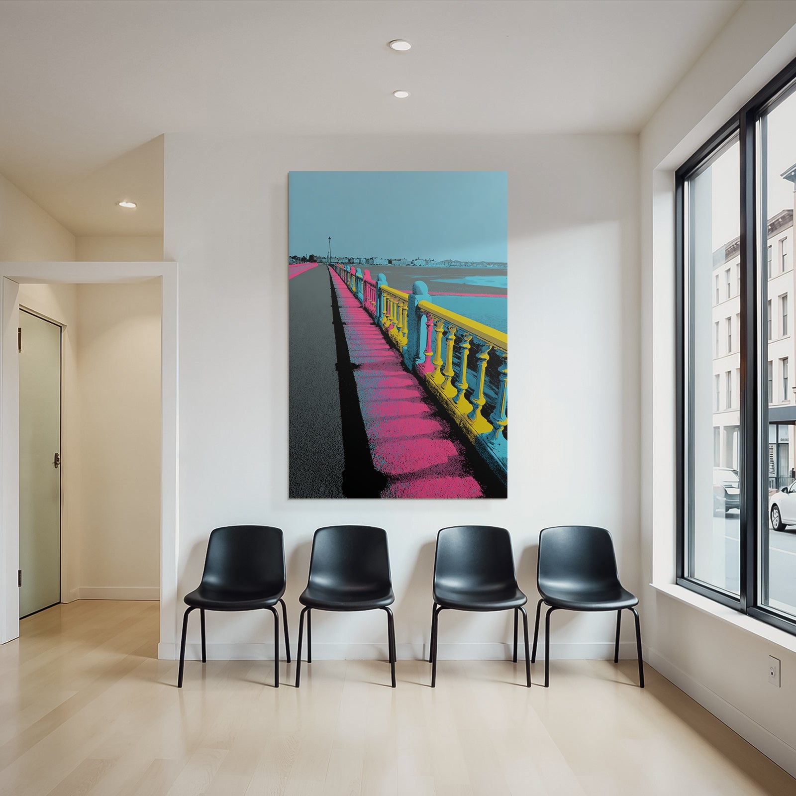 Neon Und Popfarben Beach Promenade Bunte Balken Künstlerische Darstellung Coastal Town