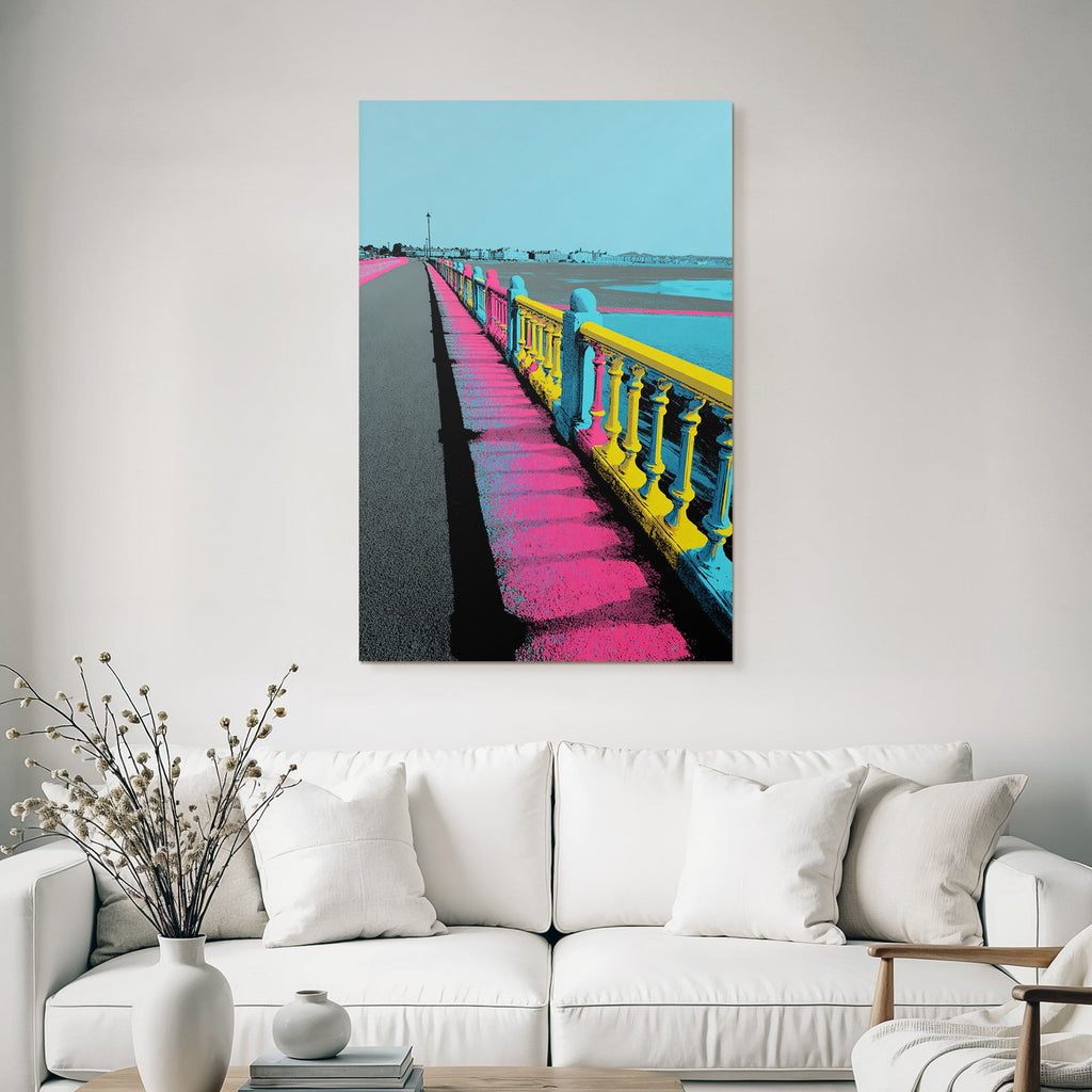 Neon Und Popfarben Beach Promenade Bunte Balken Künstlerische Darstellung Coastal Town