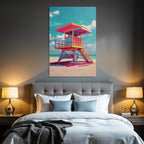 Neon Und Popfarben Bunte Lifeguard Tower Am Strand Mit Sonnigem Himmel Und Meer