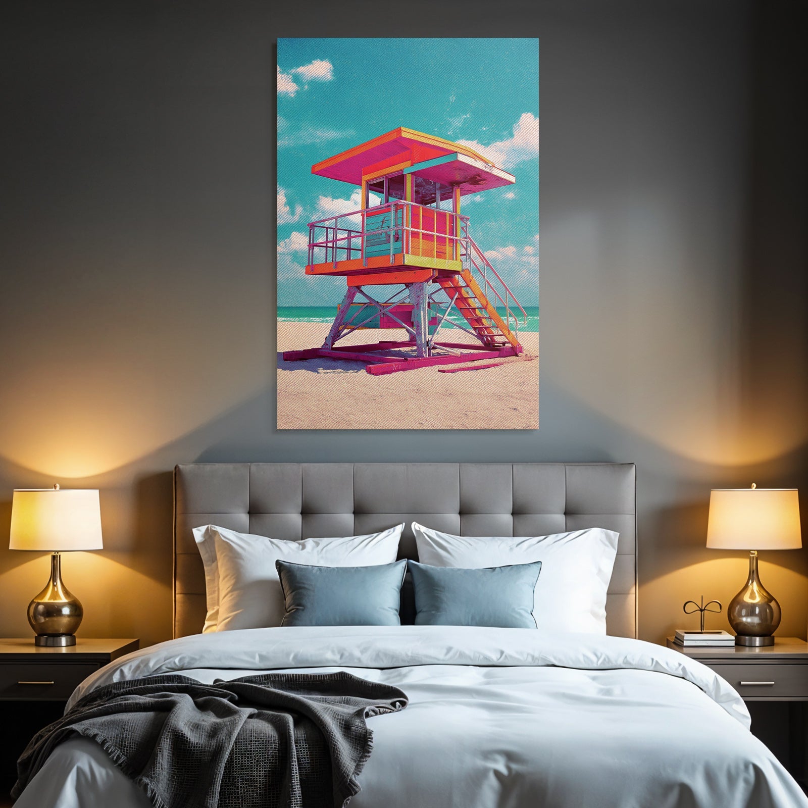 Neon Und Popfarben Bunte Lifeguard Tower Am Strand Mit Sonnigem Himmel Und Meer