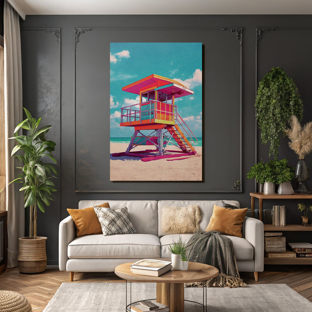 Neon Und Popfarben Bunte Lifeguard Tower Am Strand Mit Sonnigem Himmel Und Meer
