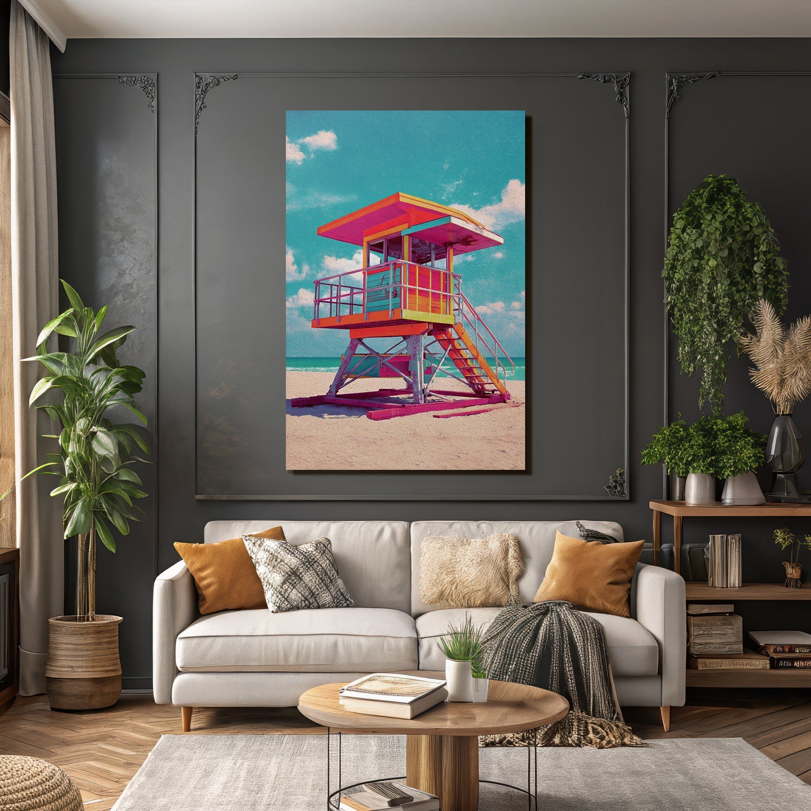 Neon Und Popfarben Bunte Lifeguard Tower Am Strand Mit Sonnigem Himmel Und Meer