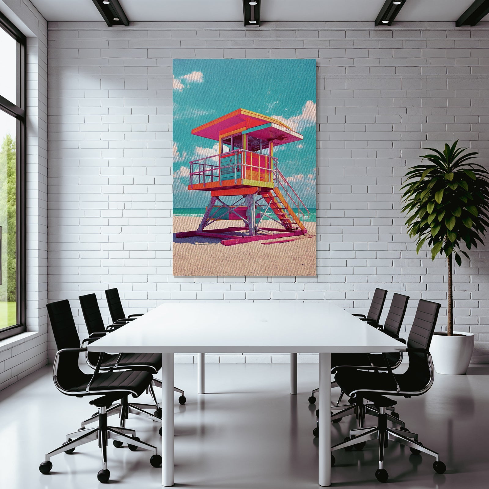 Neon Und Popfarben Bunte Lifeguard Tower Am Strand Mit Sonnigem Himmel Und Meer