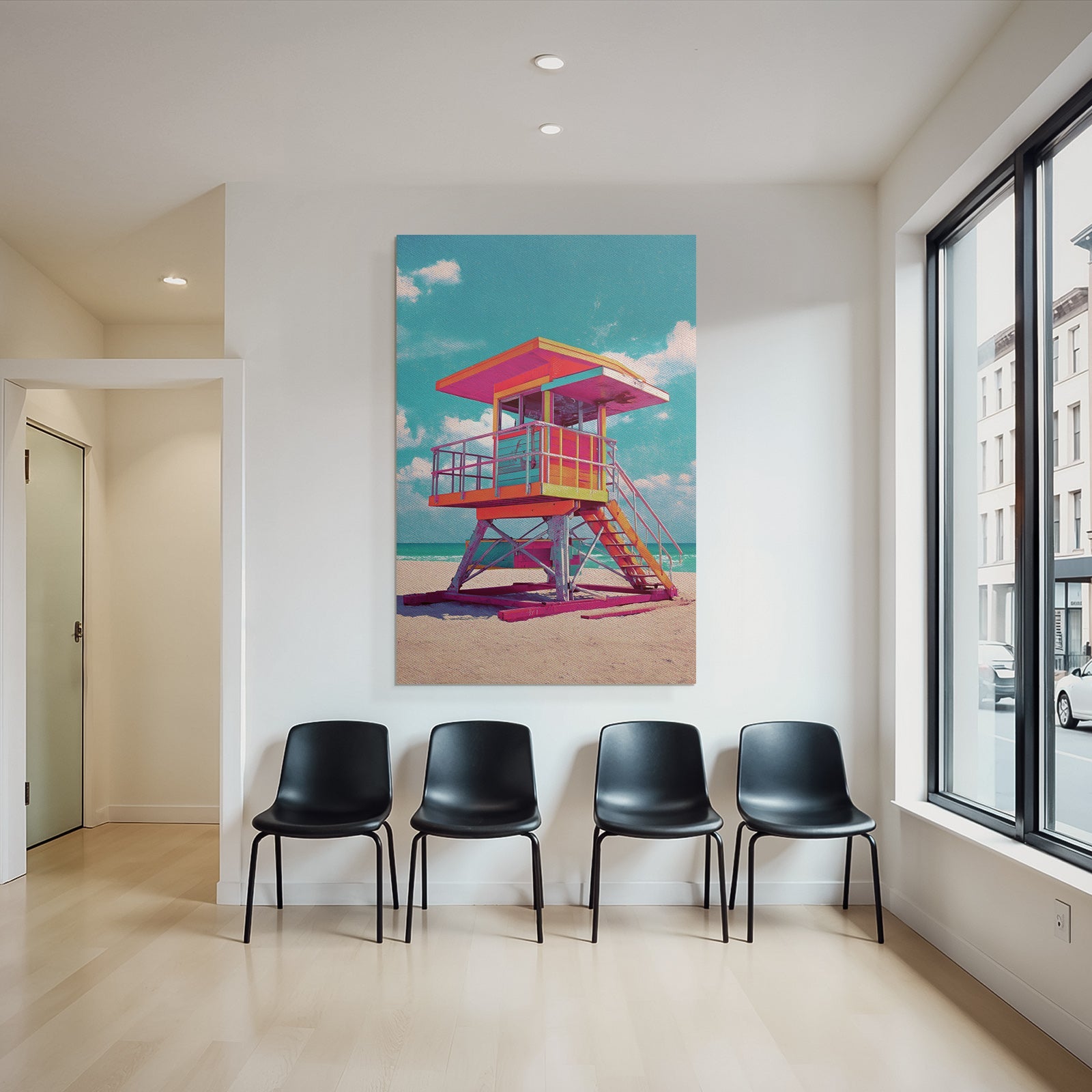 Neon Und Popfarben Bunte Lifeguard Tower Am Strand Mit Sonnigem Himmel Und Meer