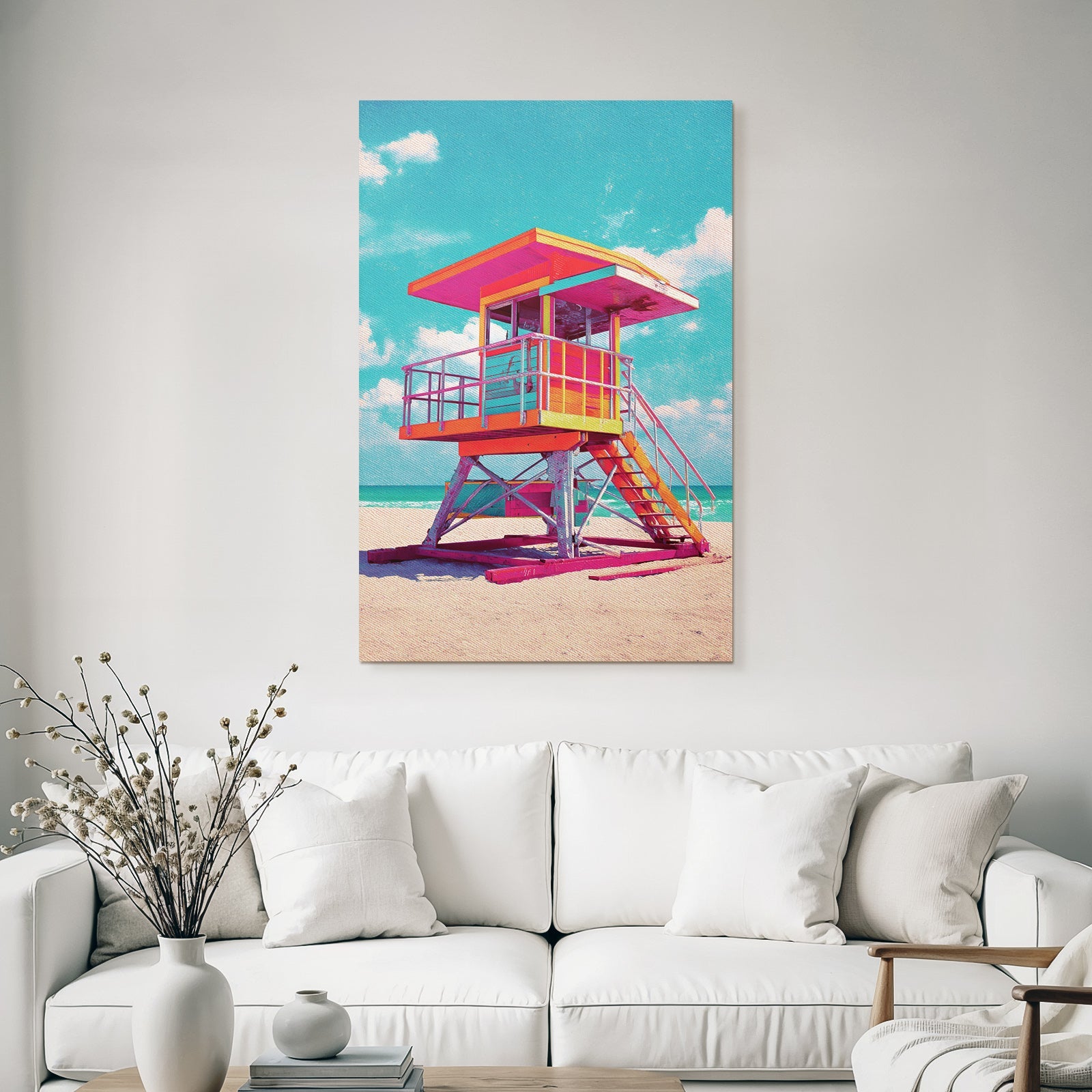 Neon Und Popfarben Bunte Lifeguard Tower Am Strand Mit Sonnigem Himmel Und Meer