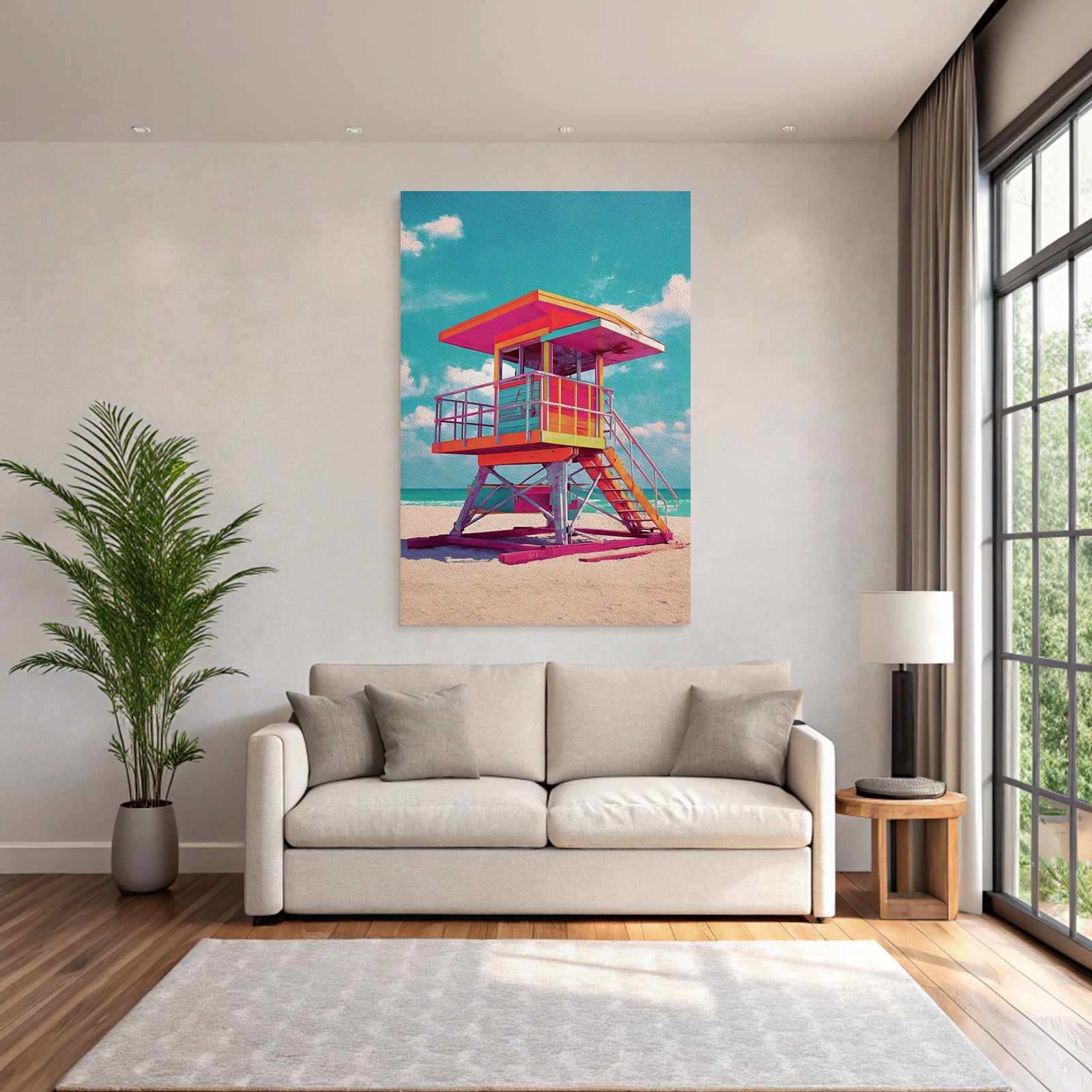 Neon Und Popfarben Bunte Lifeguard Tower Am Strand Mit Sonnigem Himmel Und Meer