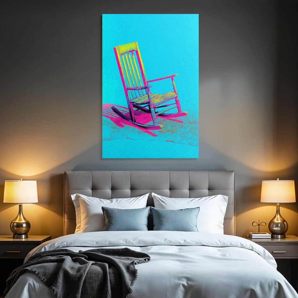 Neon and pop colors colorful rocking chair vibrant blue background pop art stylized