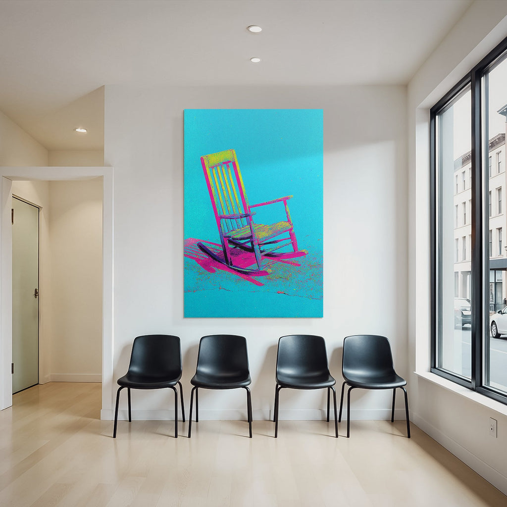 Neon and pop colors colorful rocking chair vibrant blue background pop art stylized